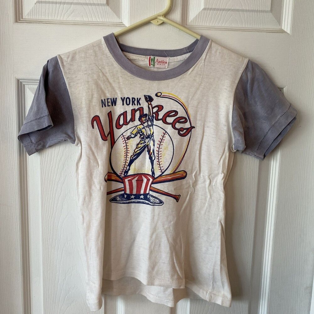 Vintage New York Yankees Antica Knit Shirt Youth M/L 14” Pit To Pit 70’s Rare
